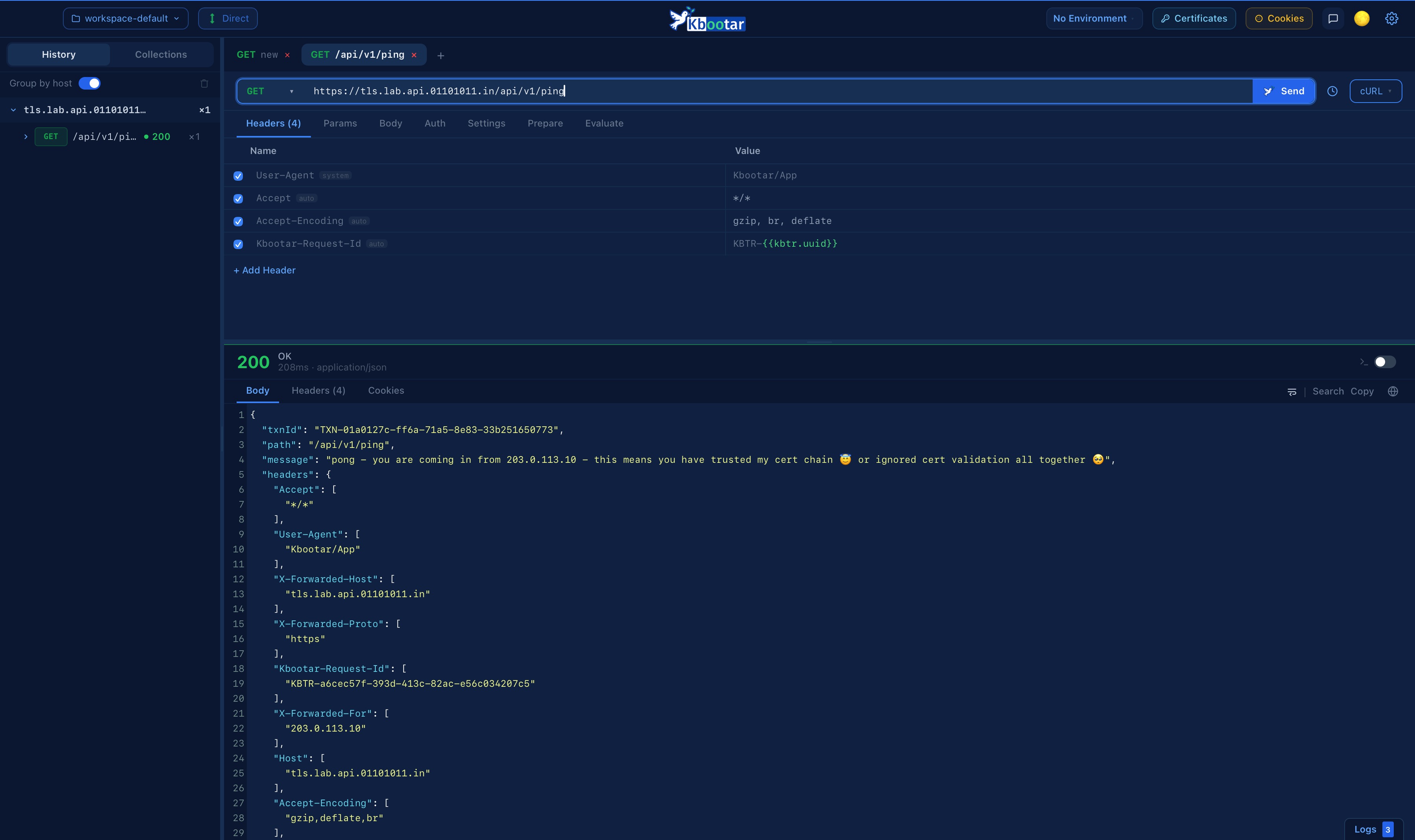 kbootar app — request builder with response viewer